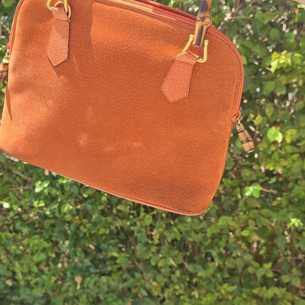GUCCI Authentic  Bamboo  Suede ORANGE  Purse Satchel Handbag Designer - Picture 15 of 16